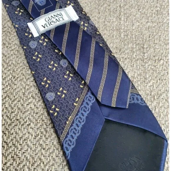 Vintage 80s Gianni Versace Silk Tie - Blue & Gold Medusa Head Baroque Italy